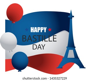 French National Day. 14 july. Happy Bastille Day! Flat banner in colors of the national flag of France for card and poster. Vector illustration.