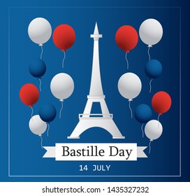 French National Day. 14 july. Happy Bastille Day! Flat banner in colors of the national flag of France for card and poster. Vector illustration.