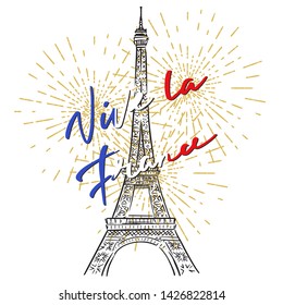 French National Day, 14th of July. Illustration with Eiffel tower and hand lettering. Bastille day. Vector