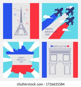 French National Day, 14th of July brush stroke banner in colors of the national flag of France with Eiffel tower and hand lettering Happy Bastille Day. Vector illustration.