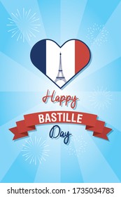 French National Day 14th of July Happy Bastille Day with tower eiffel and heart