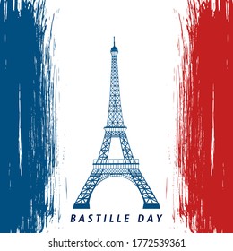 French National Day, 14th of July brush stroke banner in colors of the national flag of France with Eiffel tower. Vector illustration.