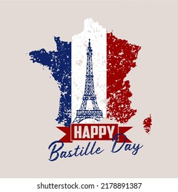 French National Day, 14th of July. Grunge effect in colors of the national flag of France with Eiffel tower and hand lettering Happy Bastille Day. Vector illustration.