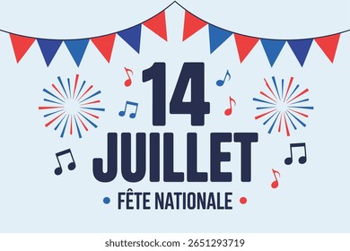 Banner do dia nacional francês, festa nacional de 14 juillet, celebração do Dia da Bastilha, fogos de artifício, saudação de feriado patriótica, design festivo