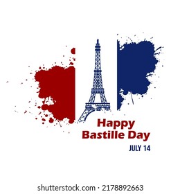 French National Day celebrate brush stroke banner with France national flag colors. Greetings Happy Bastille Day. Vector illustration.