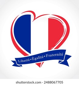 French National Day creative icon. Holiday logo or symbol with congratulation text - Liberty, Equality, Fraternity. Heart shape and ribbon with flag of France colors. Travel badge or sport awards idea