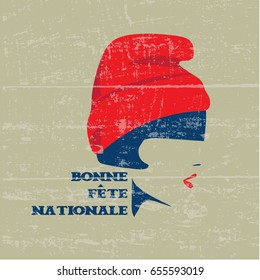 French National Day or The Fourteenth of July Greeting Poster. Text in French "Happy National Day". Vintage grunge stamp on a wooden texture.  