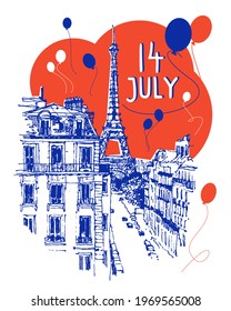 French National Day, Happy Bastille Day, 14th July. Vector sketch illustration of Paris. Bastille Day design concept. Banner, card or poster. Eiffel Tower sketched illustration. Flat style. 