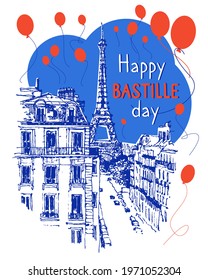 French National Day, Happy Bastille Day, 14th July. Vector sketch illustration of Paris. Bastille Day design concept. Banner, card or poster. Eiffel Tower sketched illustration. Flat style.