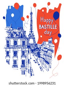 French National Day, Happy Bastille Day, 14th July. Vector sketch illustration of Paris. Bastille Day design concept. Banner, card or poster. Eiffel Tower sketched illustration. Flat style.