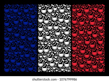 French National Flag collage composed of retort elements. Vector retort design elements are composed into conceptual French flag composition on a black background.
