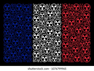 French National Flag composition created of radioactive design elements. Vector radioactive pictograms are united into conceptual France flag composition on a black background.