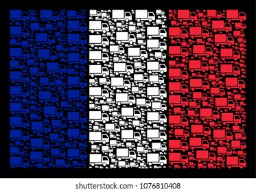 French National Flag composition done of delivery lorry pictograms. Vector delivery lorry objects are organized into mosaic France flag illustration on a black background.