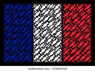 French National Flag concept constructed of candy design elements. Vector candy items are organized into mosaic French flag illustration on a black background.