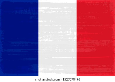 French national flag isolated vector illustration. Travel map design graphic element. Europe county striped symbol. French tricolor flag icon with grunge texture. Flat flag of France