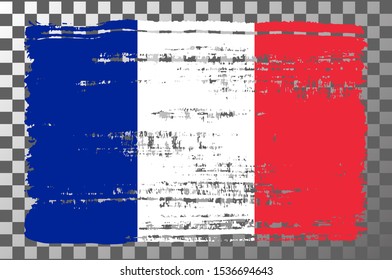 French national flag isolated vector illustration. Travel map design graphic element. Europe county striped symbol. French tricolor flag icon with grunge texture. Flat flag of France
