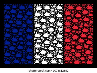 French National Flag pattern combined of boom explosion design elements. Vector boom explosion elements are composed into mosaic France flag collage on a black background.