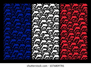 French National Flag pattern made of dolphin design elements. Vector dolphin items are combined into geometric France flag pattern on a black background.