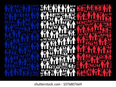 French National Flag pattern organized of family child elements. Vector family child pictograms are composed into mosaic France flag collage on a black background.