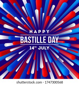 French national holiday - Bastille day. Greeting design with firework burst rays  in color of France flag.  Vector illustration.