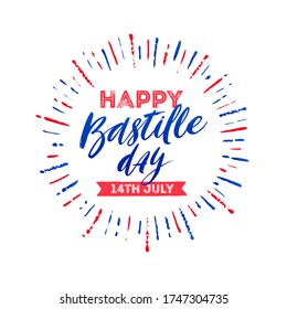 French national holiday - Bastille day. Brush calligraphy greeting and burst rays in color of France flag. Vector illustration.