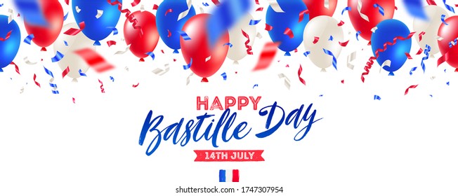 French national holiday - Bastille day. Brush calligraphy greeting, balloons and confetti in color of France flag. Vector illustration.