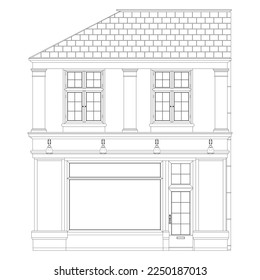 French old Building Facade Coloring page. Two-story front view with large windows. European architecture. Colorful vector illustration isolated on white background.
