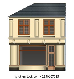 French old Building Facade in realistic style. Two-story front view with large windows. European architecture. Colorful vector illustration isolated on white background.