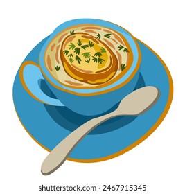 Sopa de cebolla francesa en una taza. Ilustración aislada de Vector.