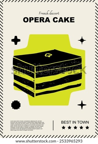 French opera cake. Price tag or poster design. Set of vector illustrations. Typography. Engraving style. Labels, cover, t-shirt print, painting.