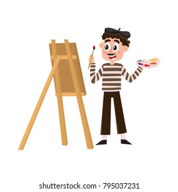 French painter, artist having mustache, striped shirt and beret, cartoon vector illustration isolated on white background. Typical, stereotypical French artist, painter in beret holding brush