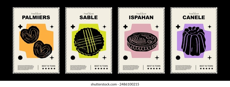 Palmiers franceses, sable, ispahan, canele. Precio o diseño de póster. Conjunto de Ilustraciones vectoriales. Tipografía. Estilo de grabado. Etiquetas, portada, estampado de camiseta, pintura.	