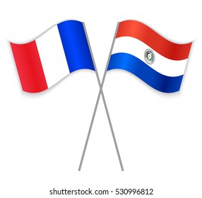 French and Paraguayan crossed flags. France combined with Paraguay isolated on white. Language learning, international business or travel concept.