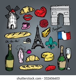 French paris set of sketch elements. Vector illustration