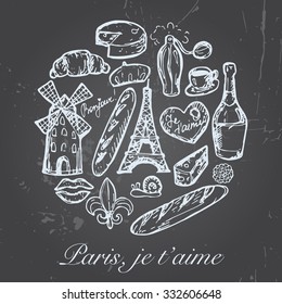French paris set of sketch elements. Vector illustration
