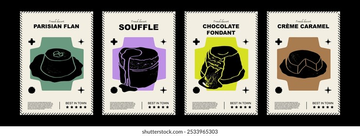 French Parisian flan, soufflé, chocolate fondant, creme caramel. Price tag or poster design. Set of vector illustrations. Typography. Engraving style. Labels, cover, t-shirt print, painting.