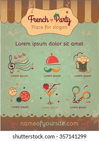 French party invitation in vintage style. Banner with set of French symbol. Vector