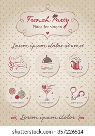 French party polka dot background in vintage style. Banner with set of French symbol. Vector
