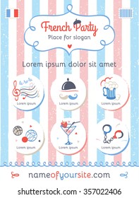 French party vertical background. Banner with set of French symbol. Vector