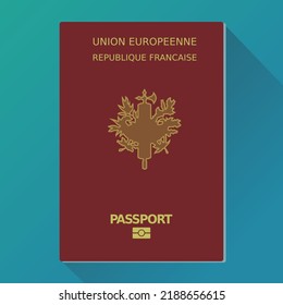 French passport on a blue background in the style of flat design on which is written the European Union (Union européenne) and the French Republic (République française) in the French language