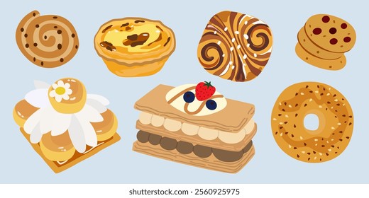 French pastries for bakery menu design. Bakery cartoon food set. Retro vector stickers for bakery and coffee shops. Sweet baked desserts from wheat flour