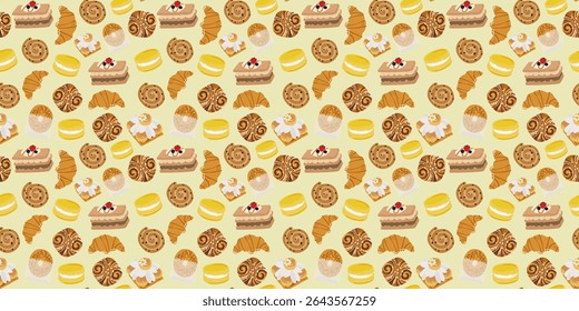 French pastries cartoon seamless pattern. Bakery food. Croissant, macaron, bun. Sweet pastry pattern for bakery, cooking book, wrapping paper, prints, textile, wallpaper