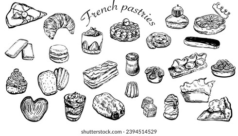 French pastries dessert set: croissant, Paris Brest, millefeuille, cheese cake, macaroons, lemon cake, King's cakes