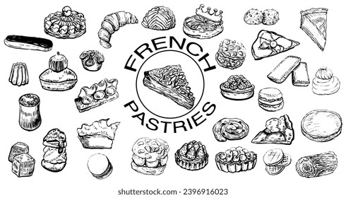 Un juego de postres de repostería francesa: croissant, Paris Brest, millefeuille, tarta de queso, macarons, tarta de limón