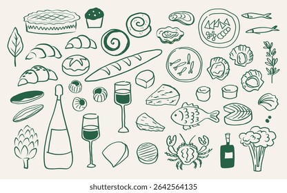 French pastries and food vector sketch on isolated background. Hand drawn Frenchy Mediterranean cuisine ingredients, croissant, baguette, seafood, wine, snails, artichoke, cheeses, eclairs,  food 