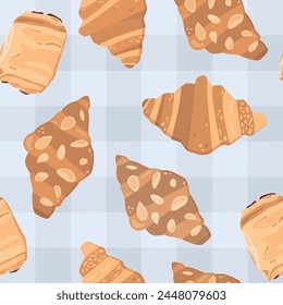 French pastries seamless vector pattern. Plain croissant, pain au chocolat and almond croissant illustrations. Repeat background design.