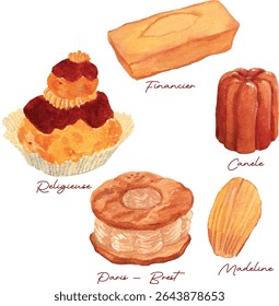 Ilustração em aquarela de doces franceses: Religieuse, (Choux com creme), Financier (Bolo de chá de amêndoa), Paris Brest (Anel de puff de creme de avelã), Madeleine, Canele (Bolo de mostarda caramelizado). Cozinha