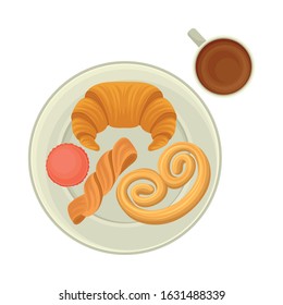 French Pastry with Coffee for Breakfast Vector Illustration