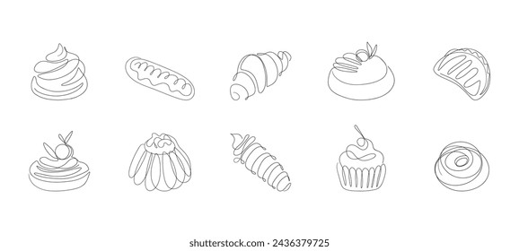 French pastry continuous one line drawing. Hand drawn sketch of desserts, sweets, croissant, cakes for bakery menu design. Vector collection