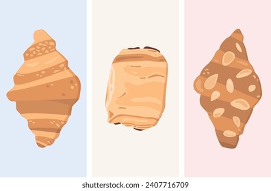 French pastry illustration set. Plain croissant, pain au chocolat and almond croissant vector graphics.